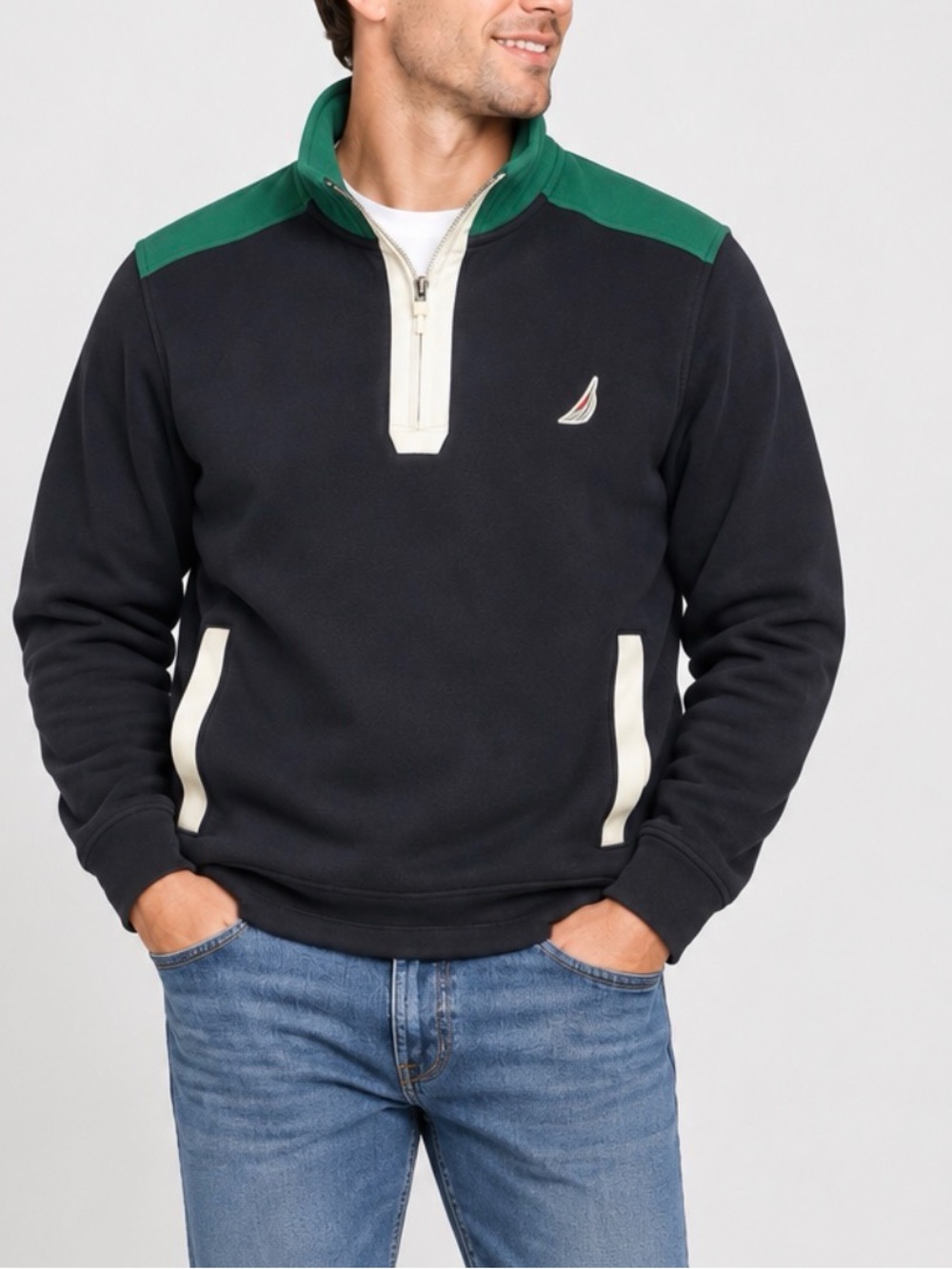 Nautica Men’s Medium Colorblock 1/2 Zip Pullover Navy Green